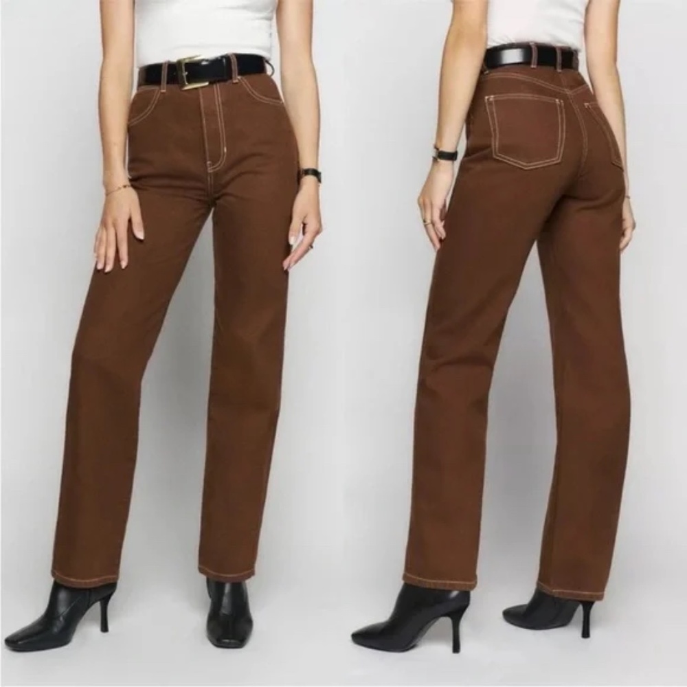 Reformation • Cowboy Straight Chocolate Wash Jeans with White Stitching